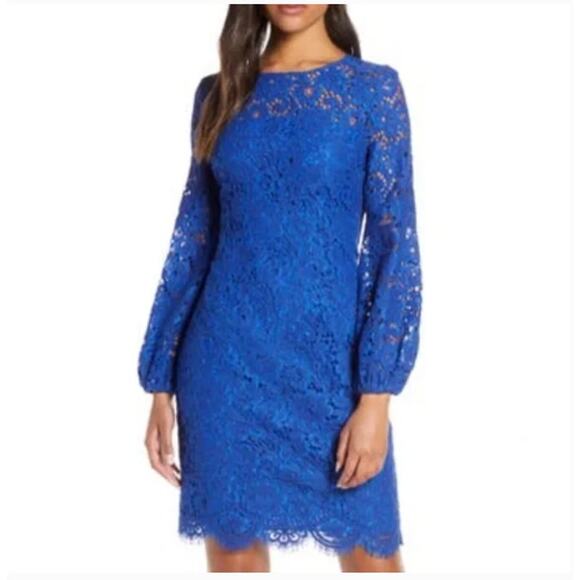 NWT Long Sleeve Lace Sheath Dress Blue Cocktail Wedding Guest Mother Of Size 16 - Picture 7 of 7